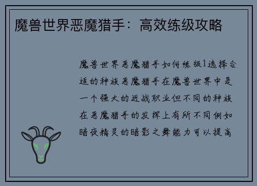 魔兽世界恶魔猎手：高效练级攻略